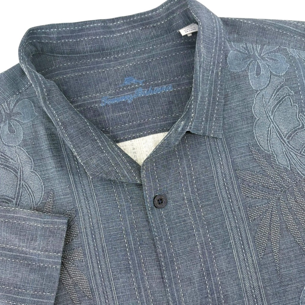 Tommy Bahama Men XXL Blue 100% Silk Embroidered Floral Striped Camp Shirt